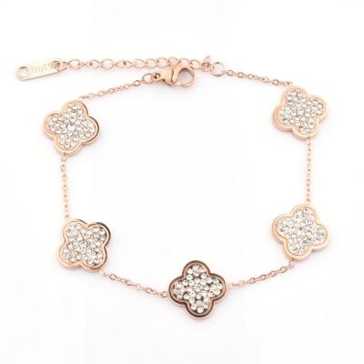 China CLASSIC Clover Charm Zircon Bracelet Jewelry Stainless Steel Women Chain Bracelet for sale