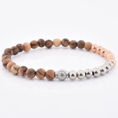 China Hotselling TRENDY European Custom Three Colors Bead For Men Steel Wooden Bead Bracelet for sale