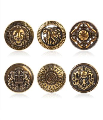 China Custom Viable Gold Vintage Coat Blazer Embossed Logo Zinc Alloy Suit Metal Garment Seam Leg Buttons for sale