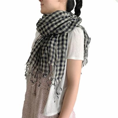 China Eco-Friendly Recommend Causal Cheap Plaid Tassel Black Tartan Shawl Soft Windproof Female Scarf With Tassels for sale