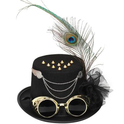 China Multi Style Feather Picture Accessories Black Victorian Top Hat With Spike Rivets Steam Punk Hat For Carnival Party With Glasses for sale