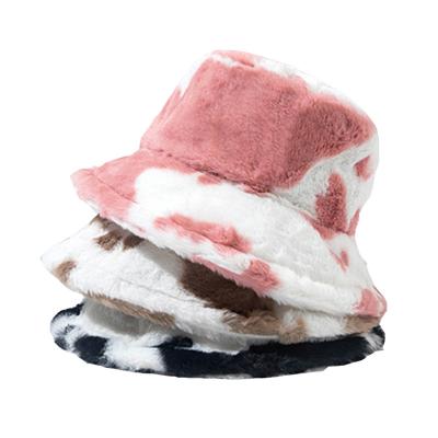 China Women's winter hat plush hat pattern cow fur woolen bucket hat thick warm fisherman hat for sale