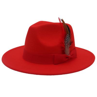 China Color 26 Formal In Stock Panama Jazz Fedoras Hats With Feather Formal Party Stage Wool Felt Top Hat For Women Men for sale