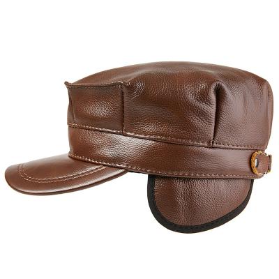 China European and American Spring Autumn Sailor Keep Warm Style Earflap Covers Cowhide Leather Beret Military Hat New Retro Flat Top Hat for sale