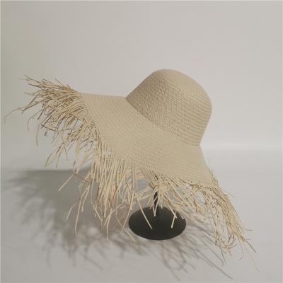 China Large Size Brim Barred Plus Beach Travel Fringe Straw Hat Lady Fringed Sunshade Sun Hat Where Foldable Braided Hats for sale