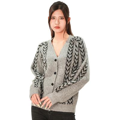 China Anti-wrinkle Custom fashion loose jacquard V-neck women's sweater knitted long sleeve button cardigan sweater for women for sale