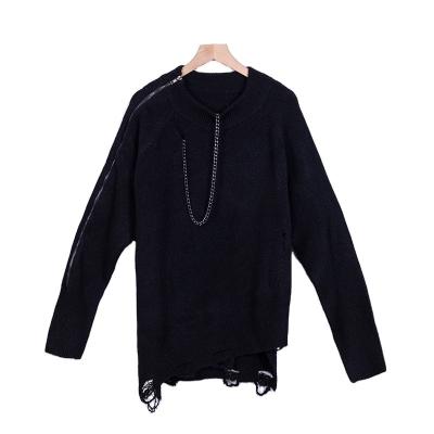 China Anti-wrinkle Autumn and winter fashion European and American ripped bottoming shirt women's round neck chain knitted women's sweater pullover for sale