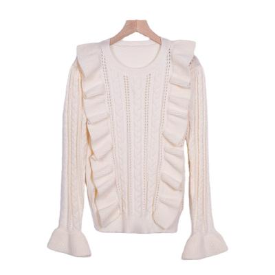 China Anti-wrinkle Women's Long Sleeve Crew Neck Sweater Ruffled Crew Neck Knit Women's Pullover Bouffancy Sweater Pure White Top Sweater for sale