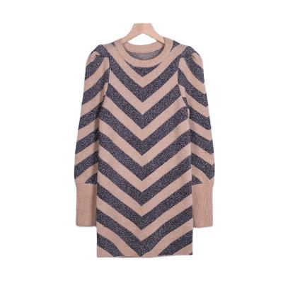 China Anti-wrinkle New Fashion Black Brown Striped Women Crew Neck Sweater Women Long Sleeve Loose Fitting Knitted Women's Sweater Dress for sale