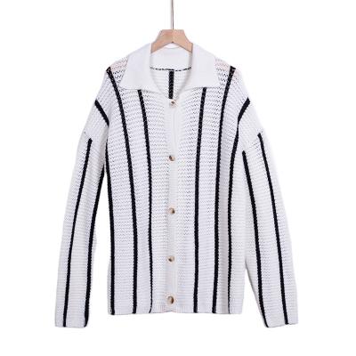 China Anti-wrinkle Customized Jacquard knitted sweater women's cardigan long sleeve sweater dress women's black white striped wool cardigan sweater for sale