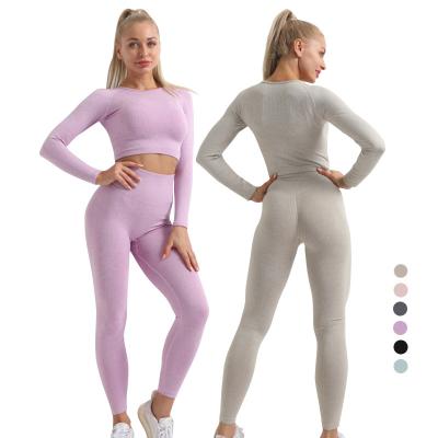 China New Design Breathable High Waist Women Long Sleeve Crop Top Breathable Leggings Workout Suit Two Pcs Yoga Suits Yoga Seamless Set for sale