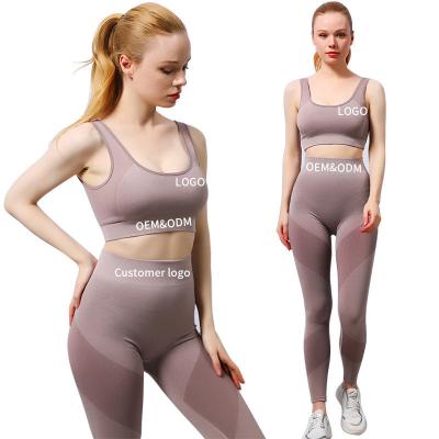 China F064 2PCS Breathable Fitness Knitted Ribbed Seamless Lady Yoga Clothes Suit Shockproof Bra Gaiters Sport Yoga Set for sale