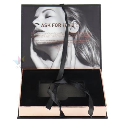 China Custom Recyclable High Quality Luxury Black Rigid Cardboard Packaging Magnetic Folding Paper Gift Box With Ribbon Closure for sale