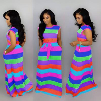 China The next new arrival 2020 casual rainbow striped dress loose anti-static plus size neon ladies dress for sale