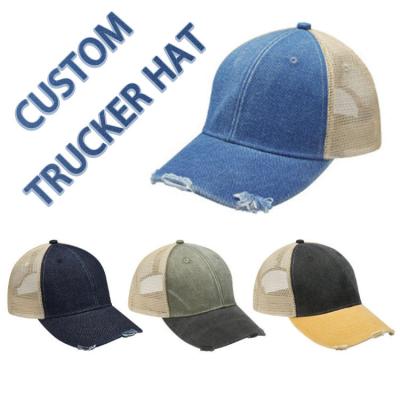 China breathable & Waterproof Street Style Ripped Hole Baseball Caps Washed Distressed Trucker Hat Men Denim Embroidered Logo Custom Baseball Cap for sale