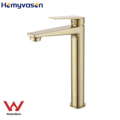 China Australian Watermark Metered Faucets Brushed Gold Luxury Brass Bathroom Sink Faucet for sale