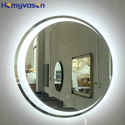 China Bathroom Stepless Bath Illuminated Custom LED Wall Dimming Frosted Edge Round Mirrors for sale