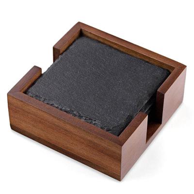 China Sustainable 4pcs Black Slate Square Coaster Set With Dark Color Wooden Stand for sale