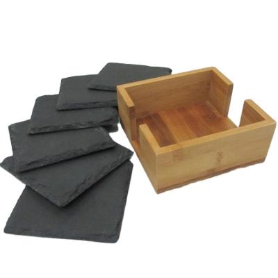 China Viable Wholesale Custom Slate Stone Wine Glass Coasters Slate Coaster Set With Bamboo Tray for sale