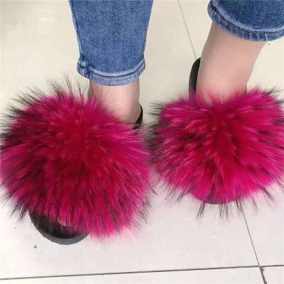 China Fashion Trend Wholesale Loose Fur Slippers Lace Real Raccoon Fur Slippers Warm Fur Slippers for sale