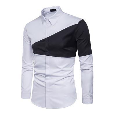 China Custom Made Casual Men's Anti-pilling Support Shirt Two Color Triangle Dot Geometry Match Lapel Patchwork Long Sleeve Top Slim Shirts for sale