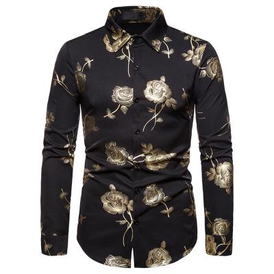 China New Men's Nightclub Men's Breathable Lapel Shirt Rose Printing Slim Long Sleeve Bronzing Plus Size Polyester Shirts for sale