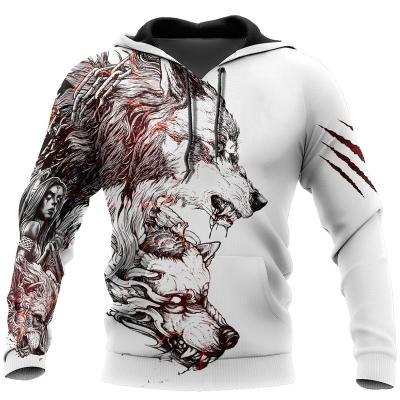 China Wholesale Fashion Hooded Sweatshirt Wolf Print White Sweatshirt Men Anti-wrinkle Apparel Manufacturer for sale