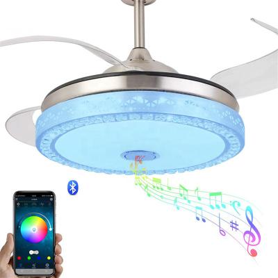 China Minimalist Retractable Invisible Ceiling Fan Light with Speaker 7 Colors LED Dining Room Home Pendant Light with 36W Remote Control for sale