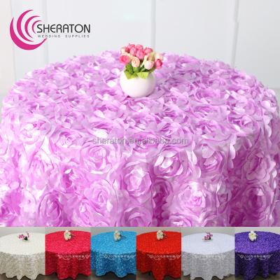 China Factory price washable durable polyester satin rosette tablecloth for wedding cake table purple rose damask tablecloth for sale