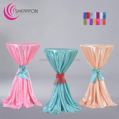 China Cheap washable durable factory satin cocktail tablecloth with colorful sash to wedding white polyester bar table cover customized for sale