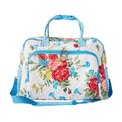 China Durable Vintage Lady Flower Big Duffel Stitched Travel Bags Organizer With Soft Handle For Women for sale