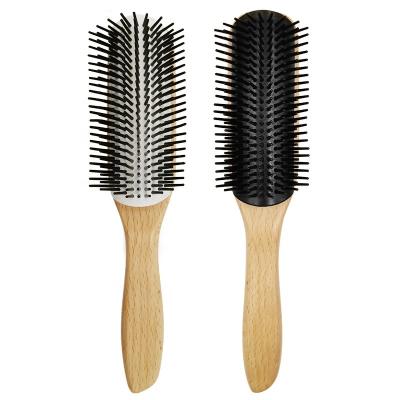 China Logo Anti-Static Nylon Needle Massage Beech 9 Row Paddle Detangling Wooden Hair Brush for sale