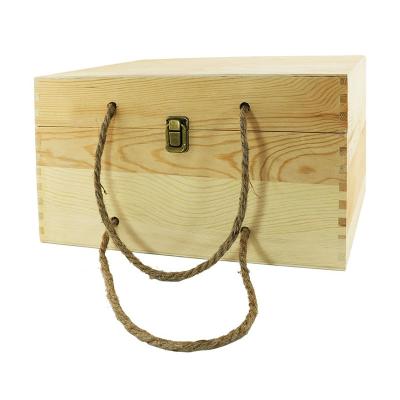 China Handmade Paulownia #60006 Wooden Wine Box with Rope Handle Fits 3 Standard Bottles as Party Wine Gift Box with Packing Straw for sale