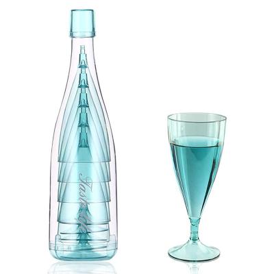 China 5 Pcs Portable 150ml Unbreakable Blue Clear Plastic Champagne Flutes Stored in Bottle for sale