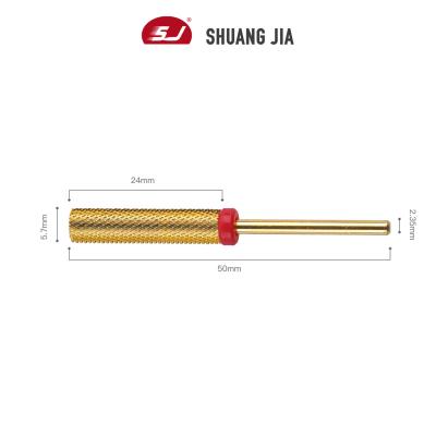 China Quick Remove Big Hard Gel Barrel F Bit SHUANGJIA Profesional Super Long Groove Serie Gold Coating Manufacturers Nail Drill Bit for sale