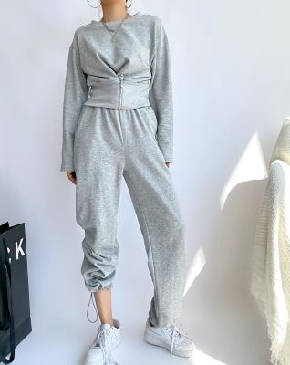 China 2022 Fashionable Loose Short Casual Suit Breathable Tracksuits Round Neck Sweater Tops-waisted Top Elastic Gaiters Sweatpants for sale