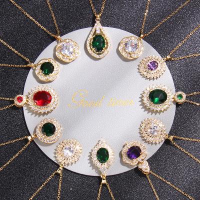 China CLASSIC Natural Emerald Pendant Necklace CZ Ruby Gemstone Solitaire Green Stainless Steel Gem Stone King Zircon Oval Necklace for sale