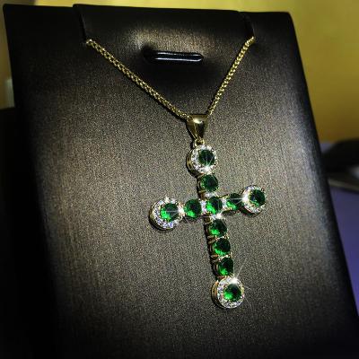 China CLASSIC Luxury Brass 18k Gold Plated Micro Pave CZ Emerald Cross Necklace Green Crystal Cross Pendant Necklace For Women for sale