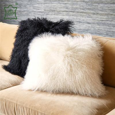 China Real Factory Fluffy Fur Hebei Mongolian Sheepskin Pillows Square 45x45 Tile With Long Curly Hair for sale