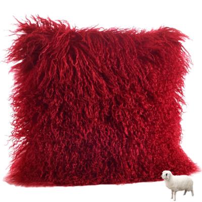 China Real Tibet Sheep Anti-Apnea 100% Mongolian Lamb Fur Red Gray Pink Yellow Hair Cushion Pillow for sale