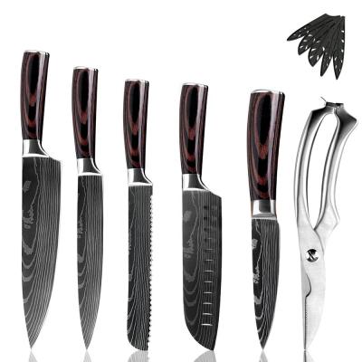 China Viable Pattern Blade Laser Damascus Stainless Steel Factory Pakka Wood Kitchen Knife Set With Kitchen Scissors for sale