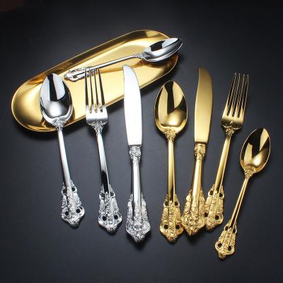 China European embossed 304 stainless steel yard gold flatware set viable high quality dinner knife spoon fork retro for sale