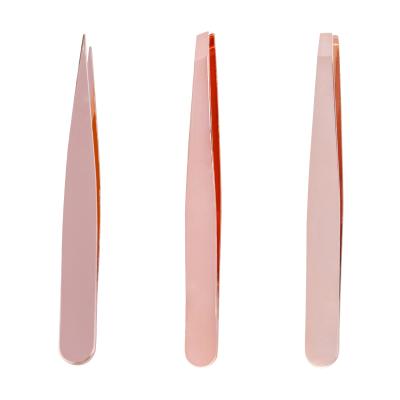 China Rose Gold Eyebrow Hair Remover Eyelash Facial Hair Plucking Oblique Point Tip Stainless Steel Eyebrow Tweezers Set Private Label for sale