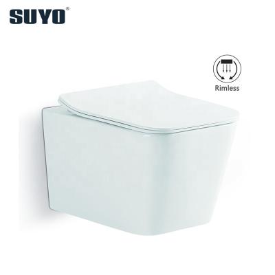 China SUYO Cistern Ceramic Hidden Rectangle Shape Hanging WC Rimless Toilet Bowl Bathroom Wall Hung Toilet for sale