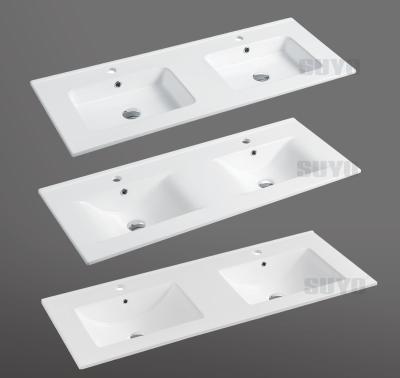 China Modern Rectangular Sanitary Ceramic Bathroom Sink Cabinet Competitive Price Double Ware Double Bowl Vanity Sink for sale