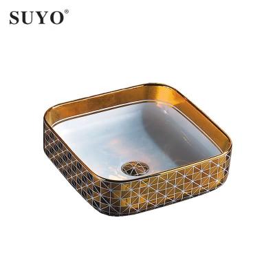 China Shampoo Sinks Sanitary Ware Luxury Saudi Arabian Gold Bathroom Sinks Square Countertop Gold Ceramic Wash Basin for sale