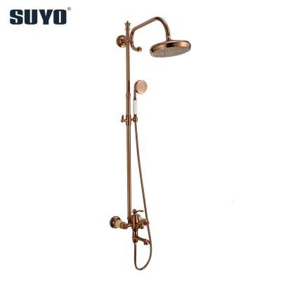 China Modern Design Luxury Gold Brass Hardware Bathroom Rain Shower Mixer Slide Bar Set With Hand Shower for sale