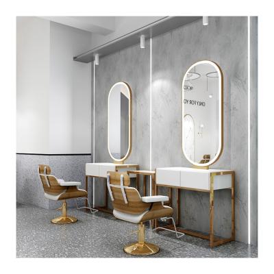 China China supplier mirror 201 desk stainelss shape cound gold chrom steel mirror hair styling mirror station for sale