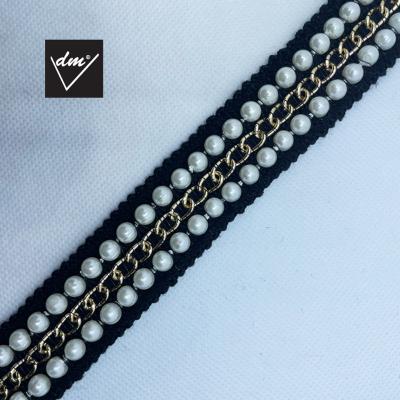 China Sustainable Customized New Stylish Pearl Chain Ribbon Trimming For Apparel Supplier for sale