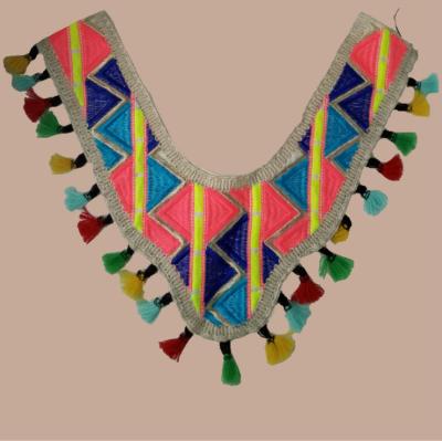 China Ethnic Clothing Stock Item Style Embroidery Collar With Colorful Tassel Fringe Trim for sale